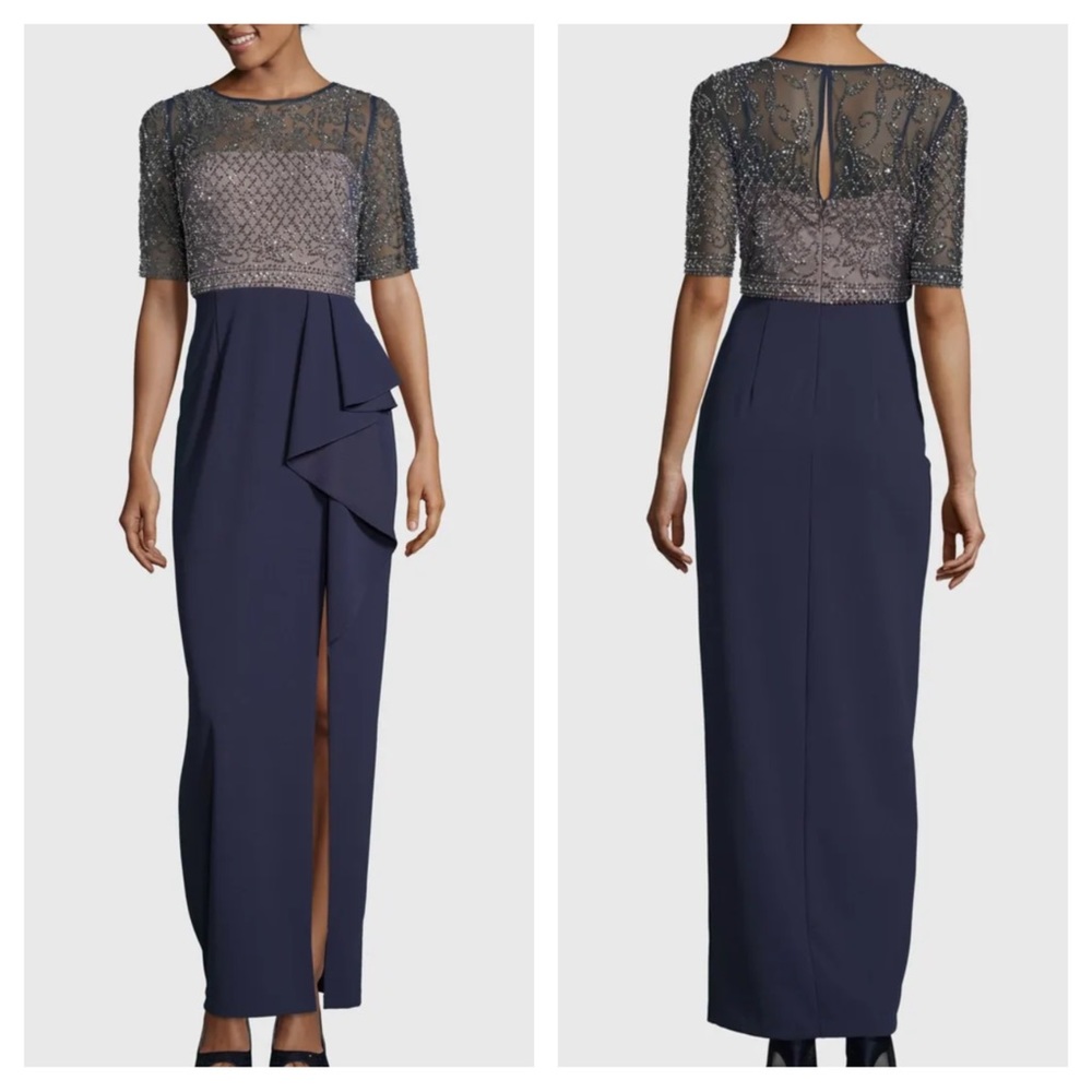 Xscape 1860X Navy Blue & Gold Beaded Ruffle Skirt Full Length Formal Gown Sz 10